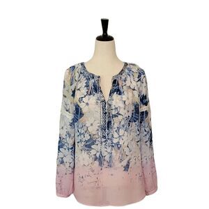 Vintage America Rochelle Blue & Pink Floral Tassil Long Sleeve Chiffon Blouse